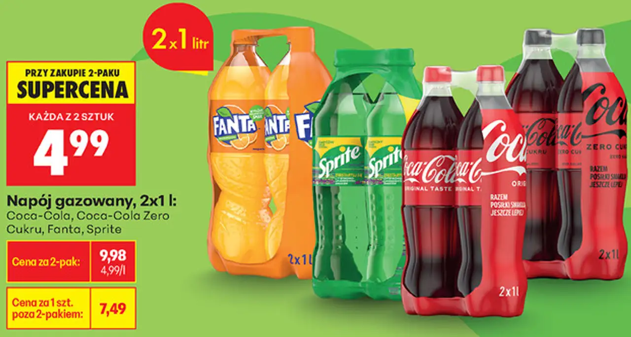 Napój gazowany, 2x1 l: Coca-Cola, Coca-Cola Zero Cukru, Fanta, Sprite