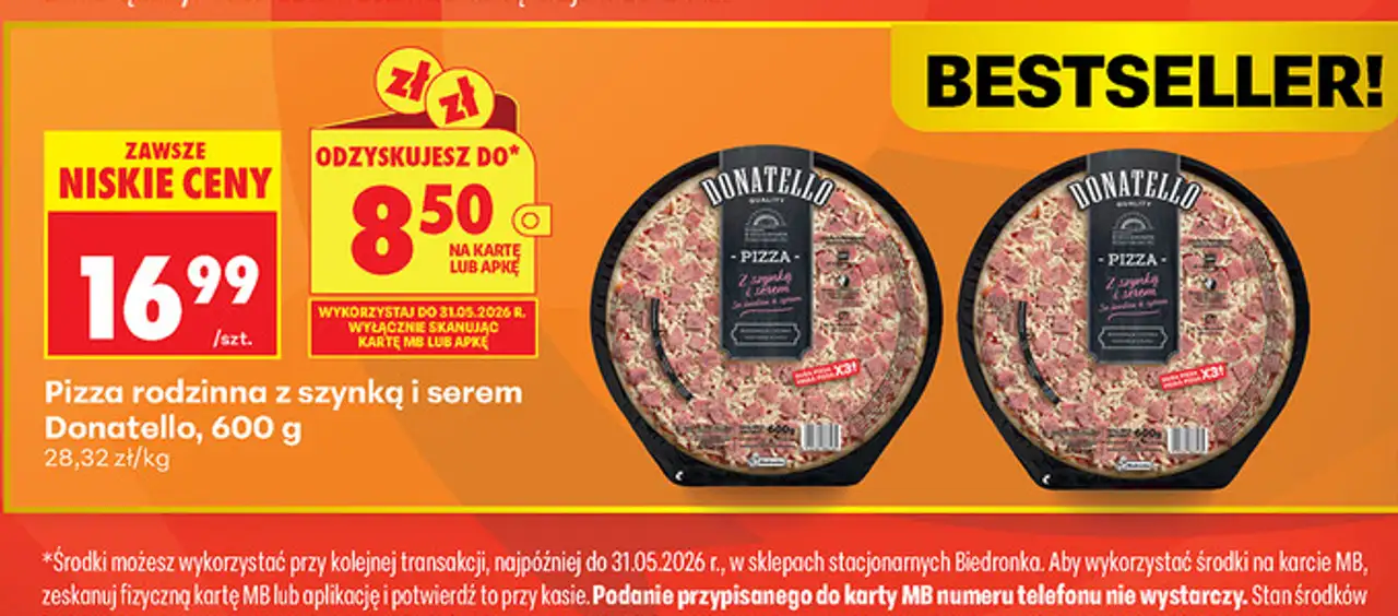Pizza rodzinna z szynką i serem Donatello, 600 g