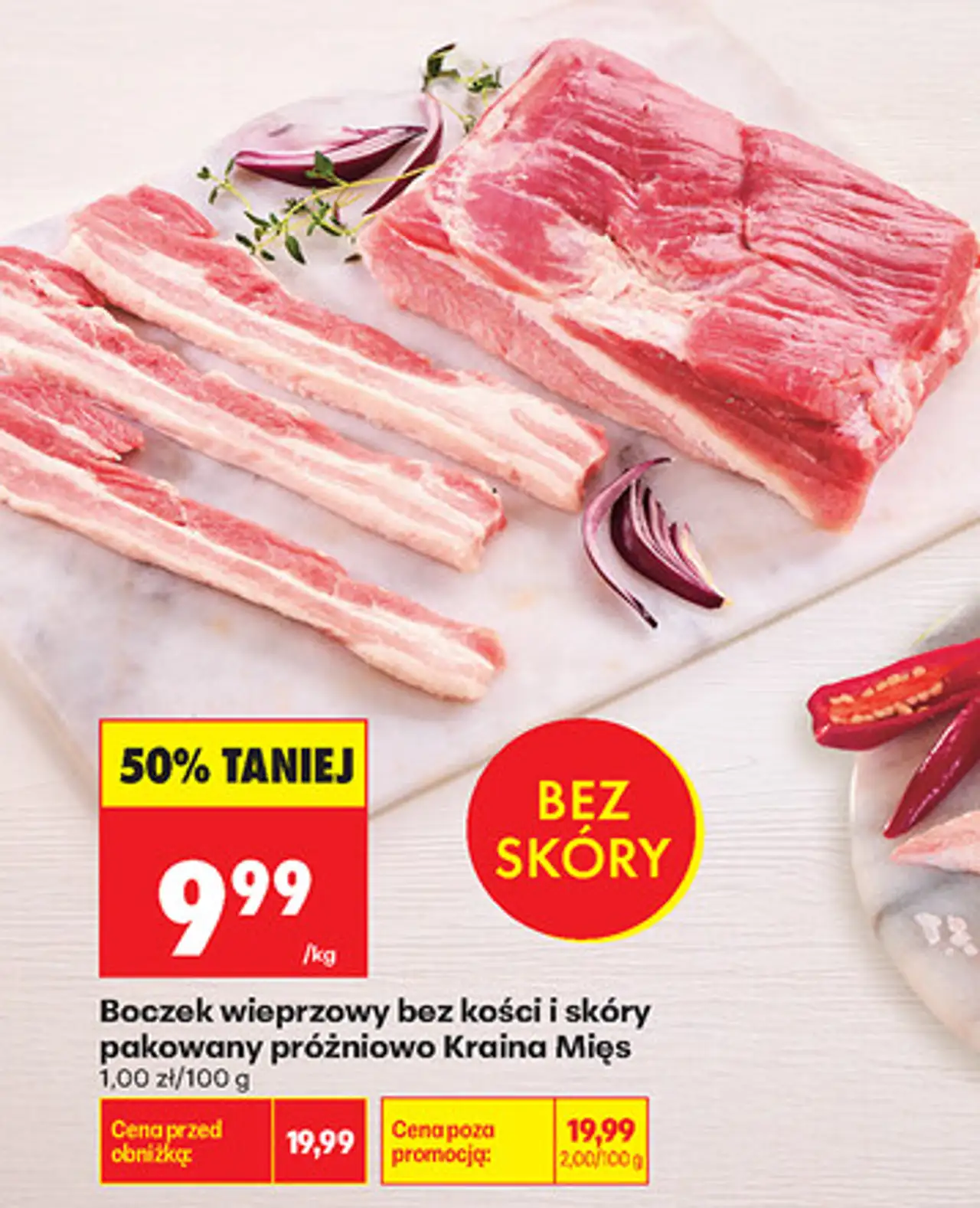 Boczek wieprzowy bez kości i skóry pakowany próżniowo Kraina Mięs