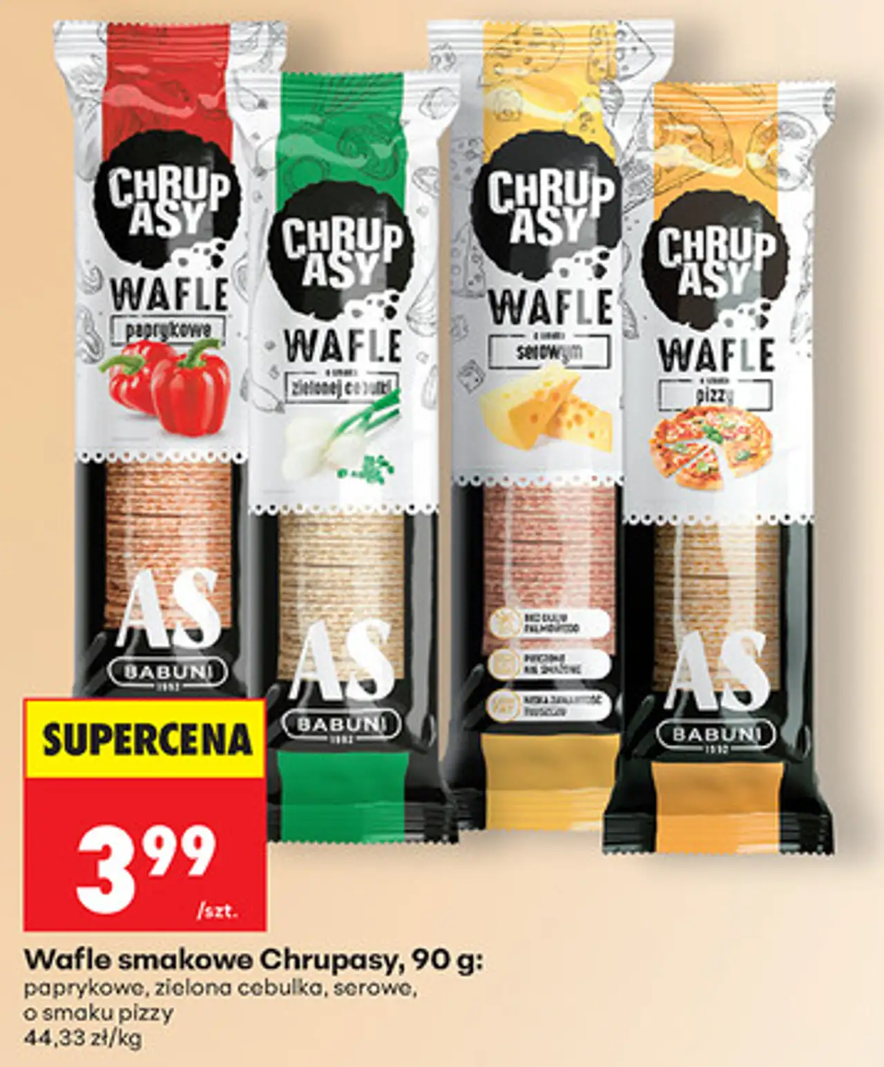 Wafle smakowe Chrupasy, 90 g: paprykowe, zielona cebulka, serowe, o smaku pizzy