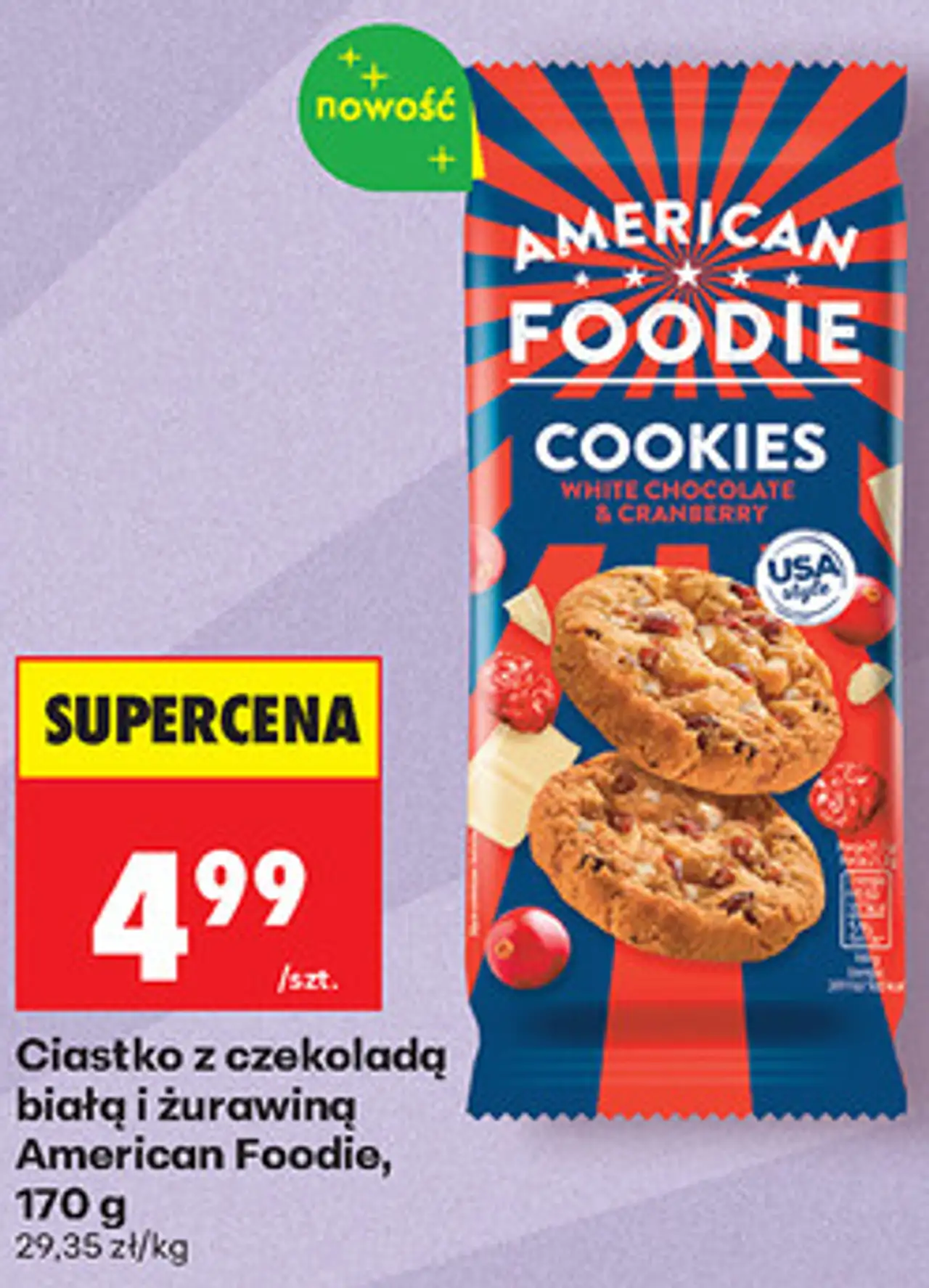 Ciastko z czekoladą białą i żurawiną American Foodie, 170 g