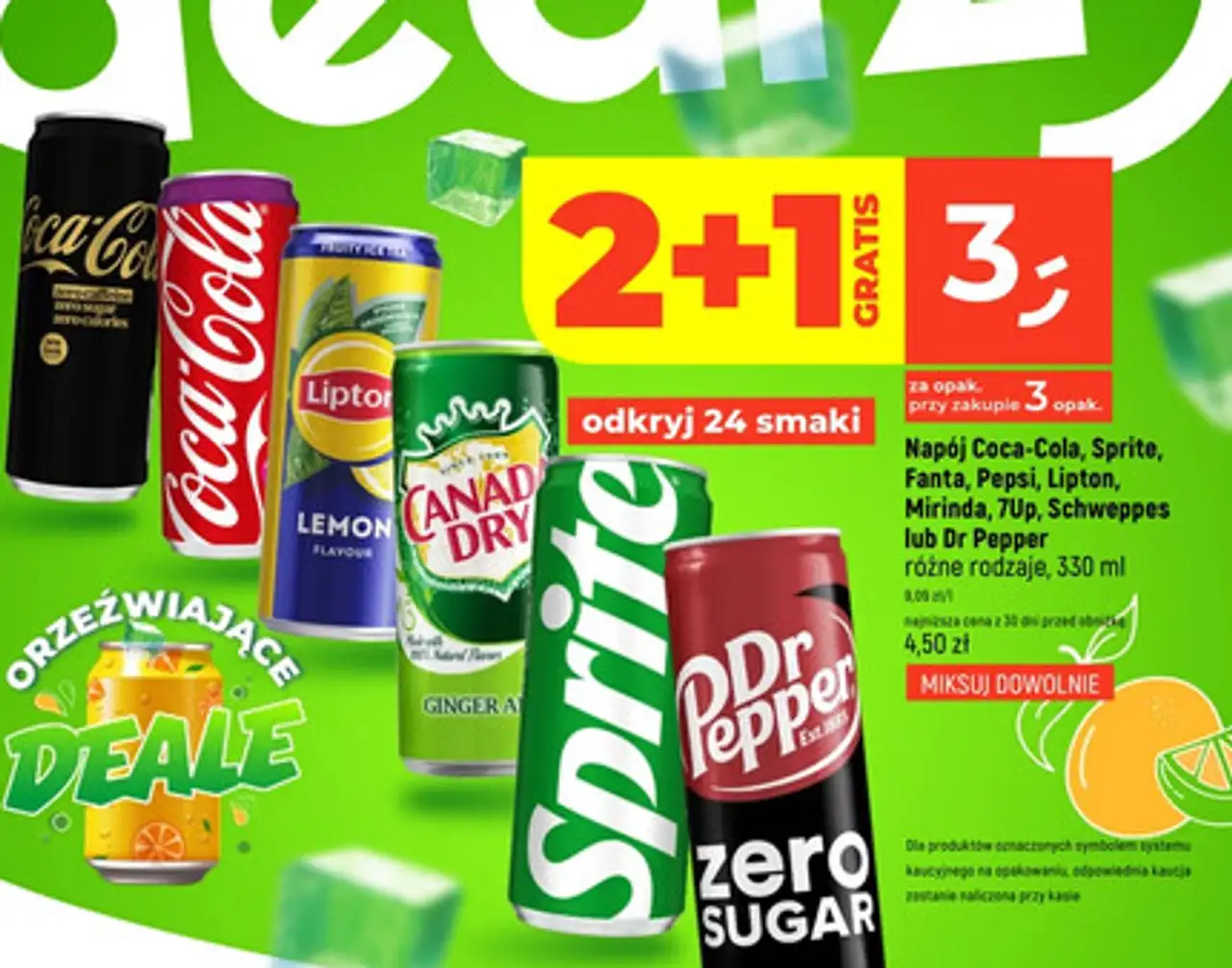 Napój Coca-Cola, Sprite, Fanta, Pepsi, Lipton, Mirinda, 7Up, Schweppes lub Dr Pepper