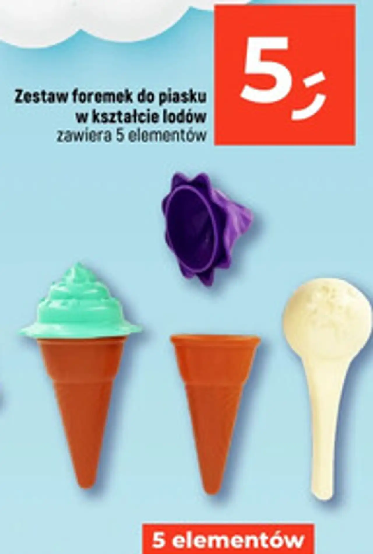 Zestaw foremek do piasku w kształcie lodów zawiera 5 elementów