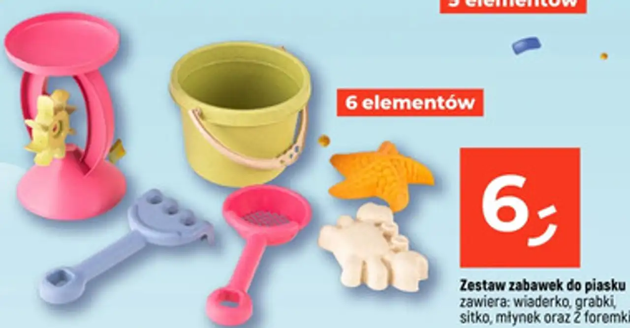 Zestaw zabawek do piasku zawiera: wiaderko, grabki, sitko, młynek oraz 2 foremki