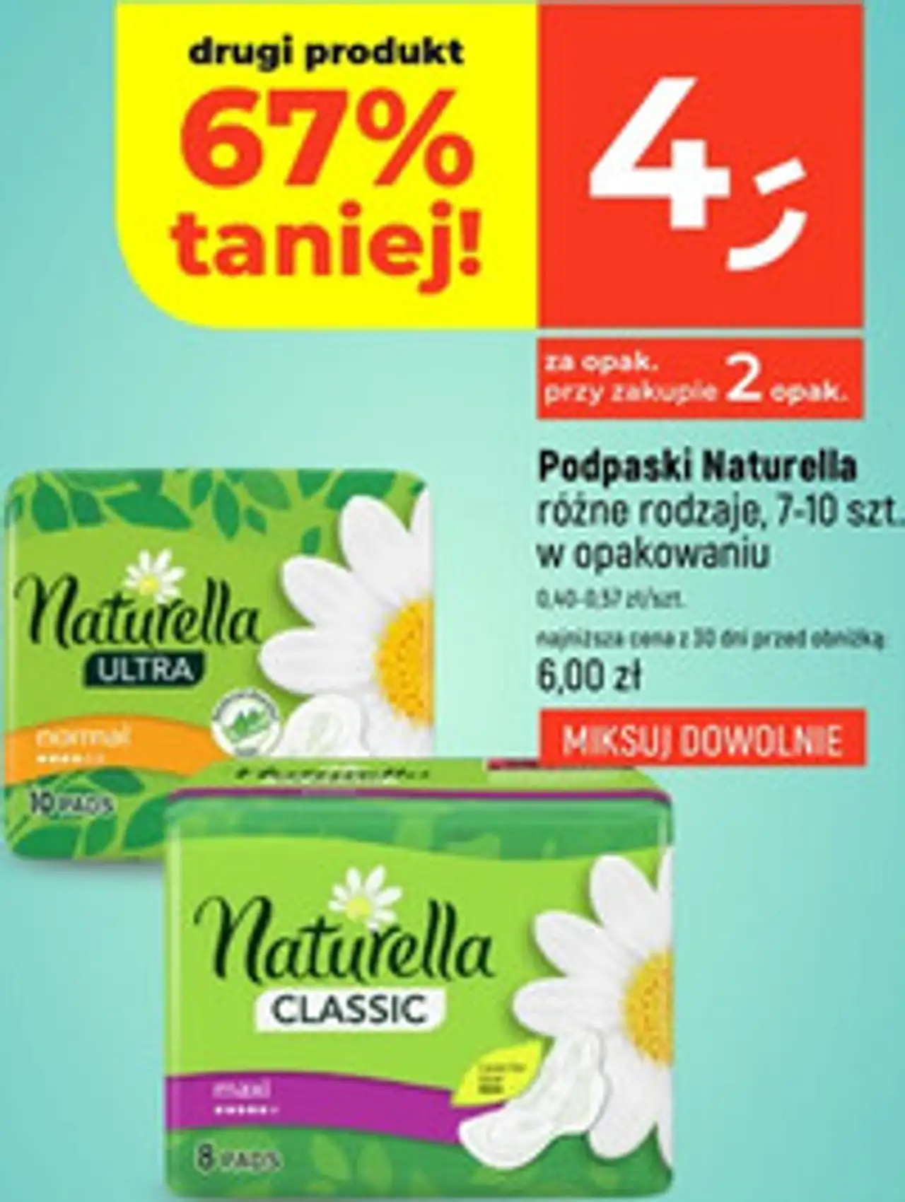 Podpaski Naturella różne rodzaje, 7-10 szt. w opakowaniu