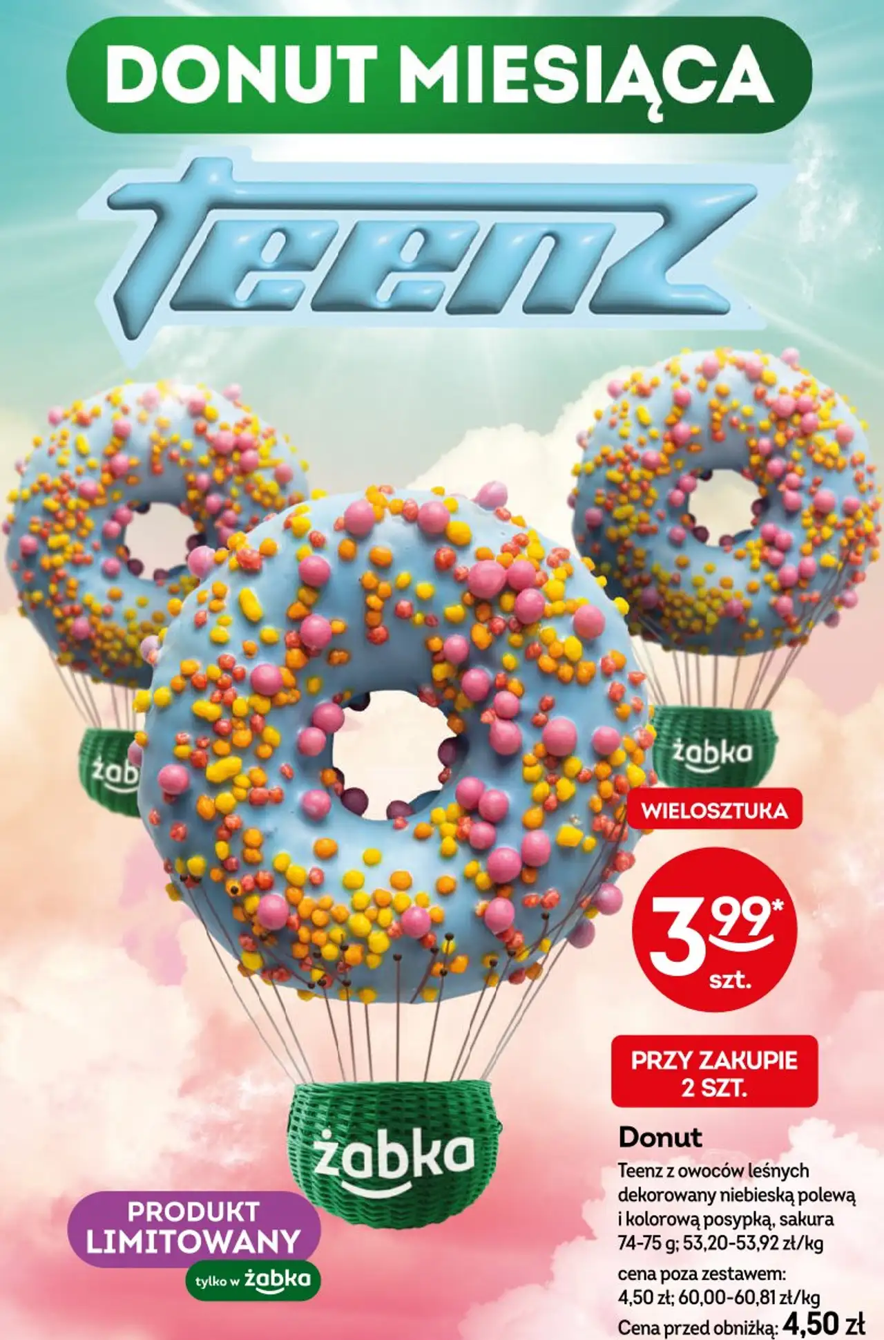 Donut Teenz z owoców leśnych dekorowany niebieską polewą i kolorową posypką, sakura 74-75 g