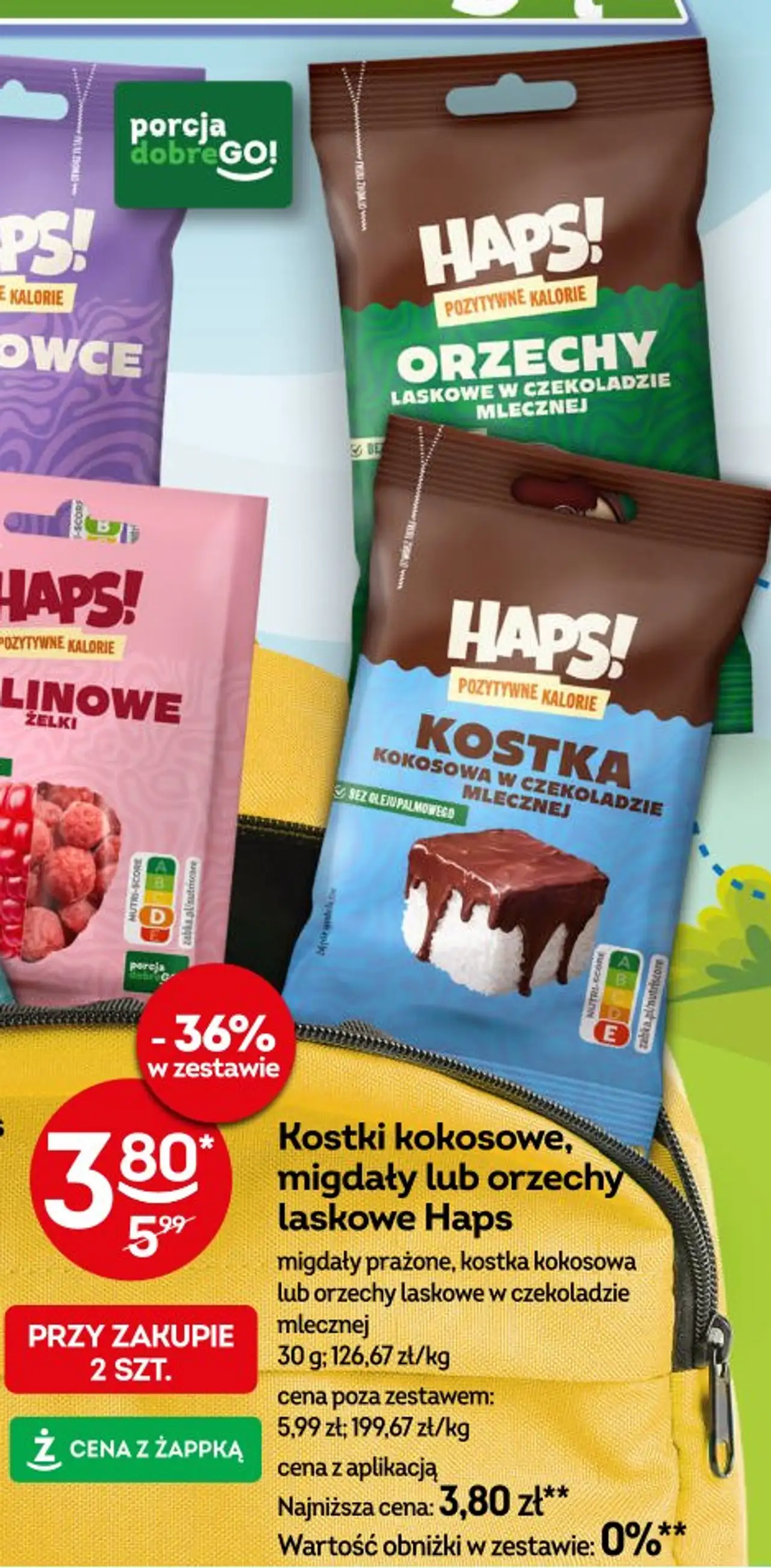 Kostki kokosowe, migdały lub orzechy laskowe Haps migdały prażone, kostka kokosowa lub orzechy laskowe w czekoladzie mlecznej 30 g;