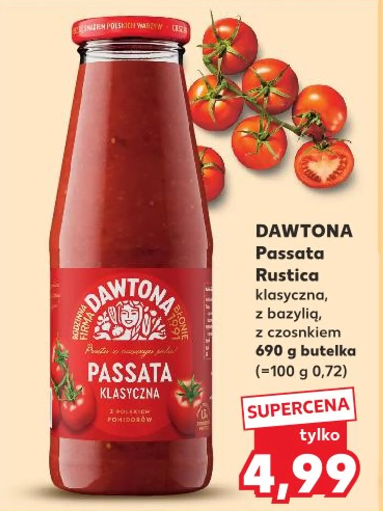 DAWTONA Passata Rustica klasyczna, z bazylią, z czosnkiem 690 g butelka