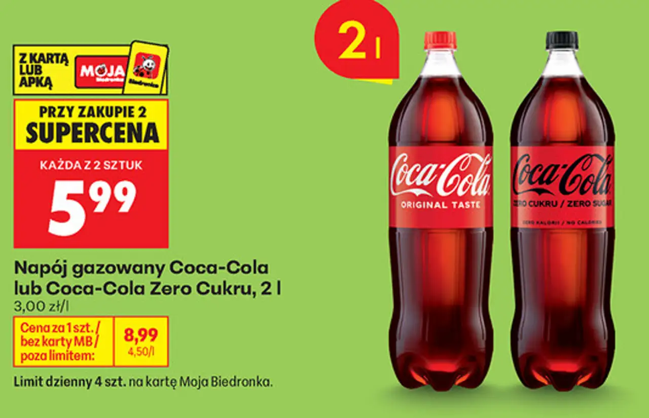 Napój gazowany Coca-Cola lub Coca-Cola Zero Cukru, 2l