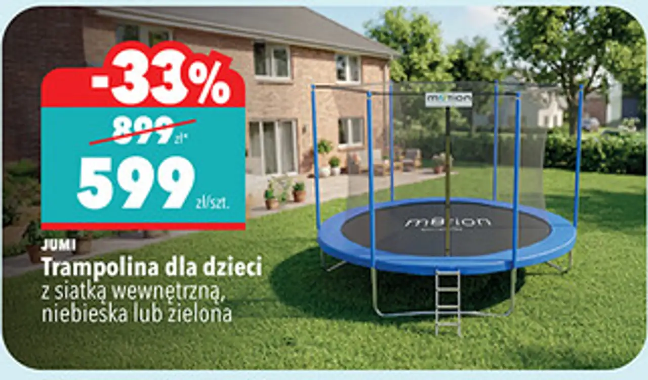 Trampolina dla dzieci z siatką wewnętrzną, niebieska lub zielona JUMI