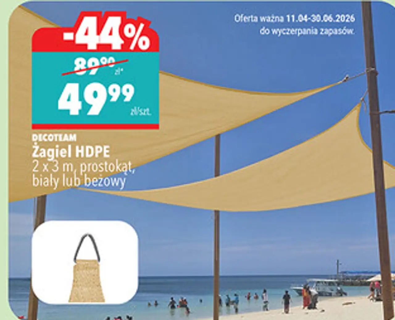 Żagiel HDPE 2 x 3 m, prostokąt, biały lub beżowy