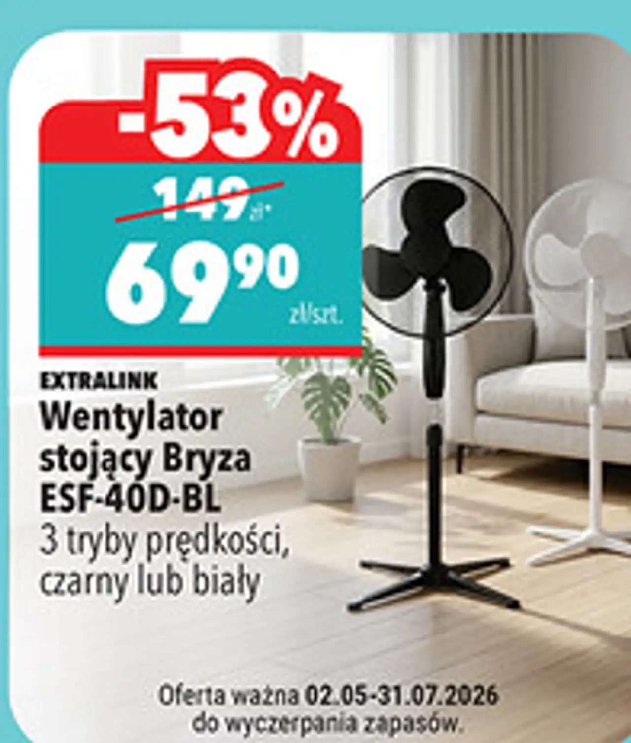 EXTRALINK Wentylator stojący Bryza ESF-40D-BL 3 tryby prędkości, czarny lub biały