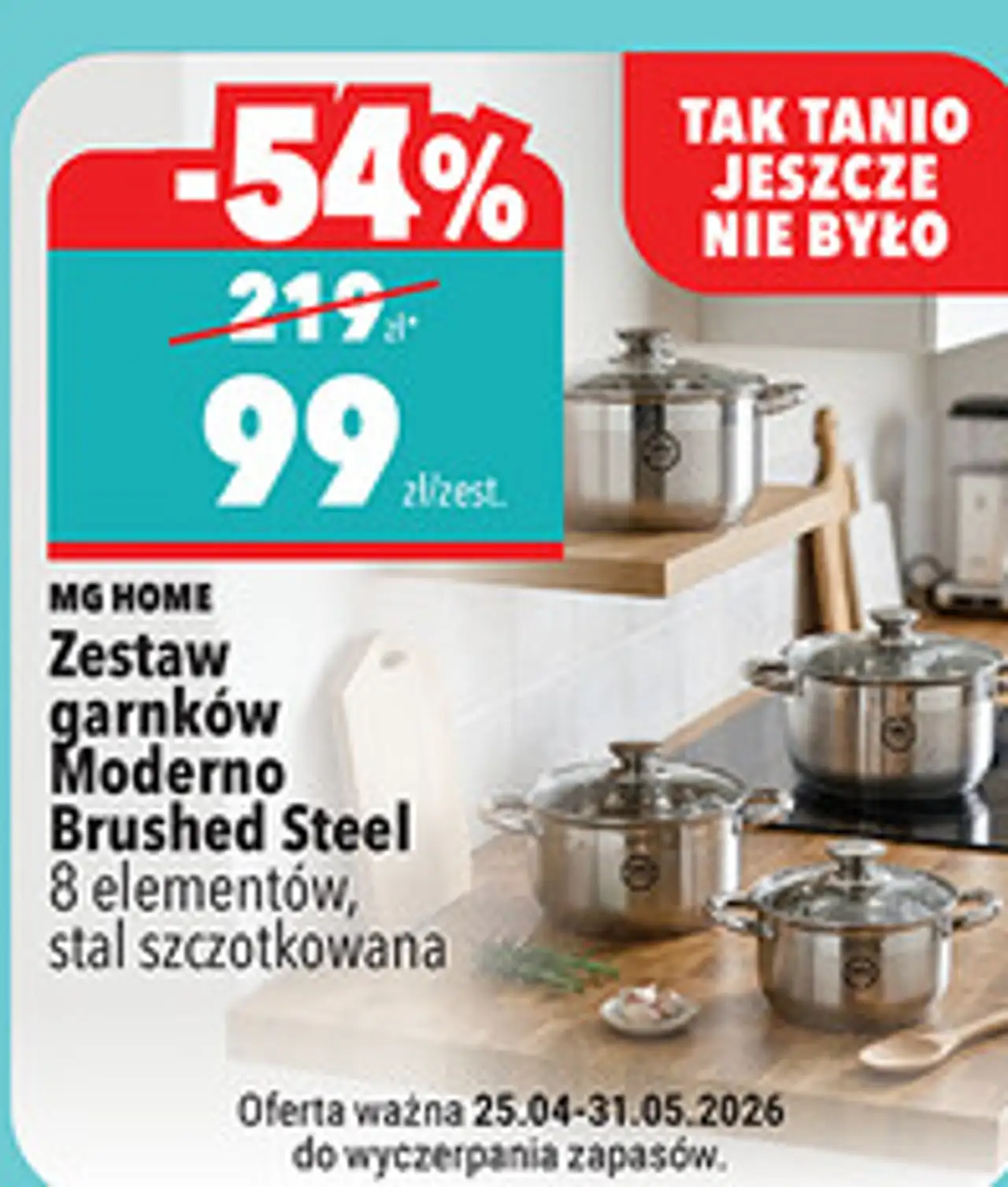 MG HOME Zestaw garnków Moderno Brushed Steel 8 elementów, stal szczotkowana