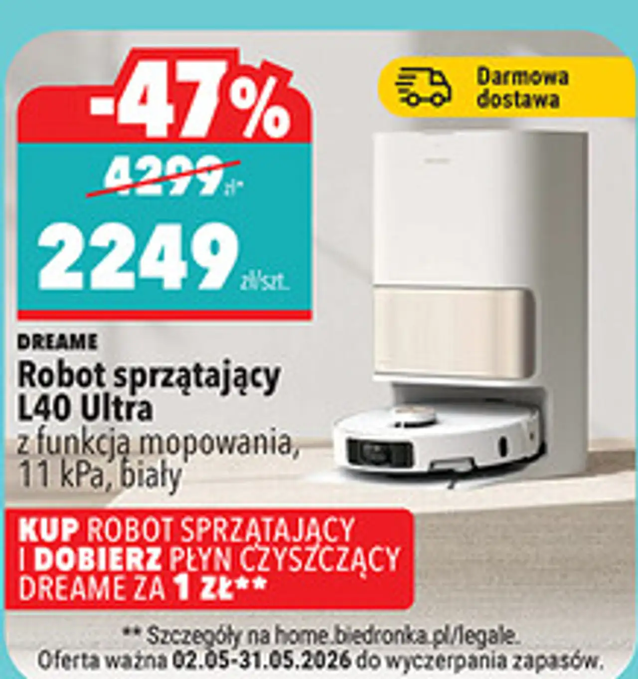 DREAME Robot sprzątający L40 Ultra z funkcją mopowania, 11 kPa, biały