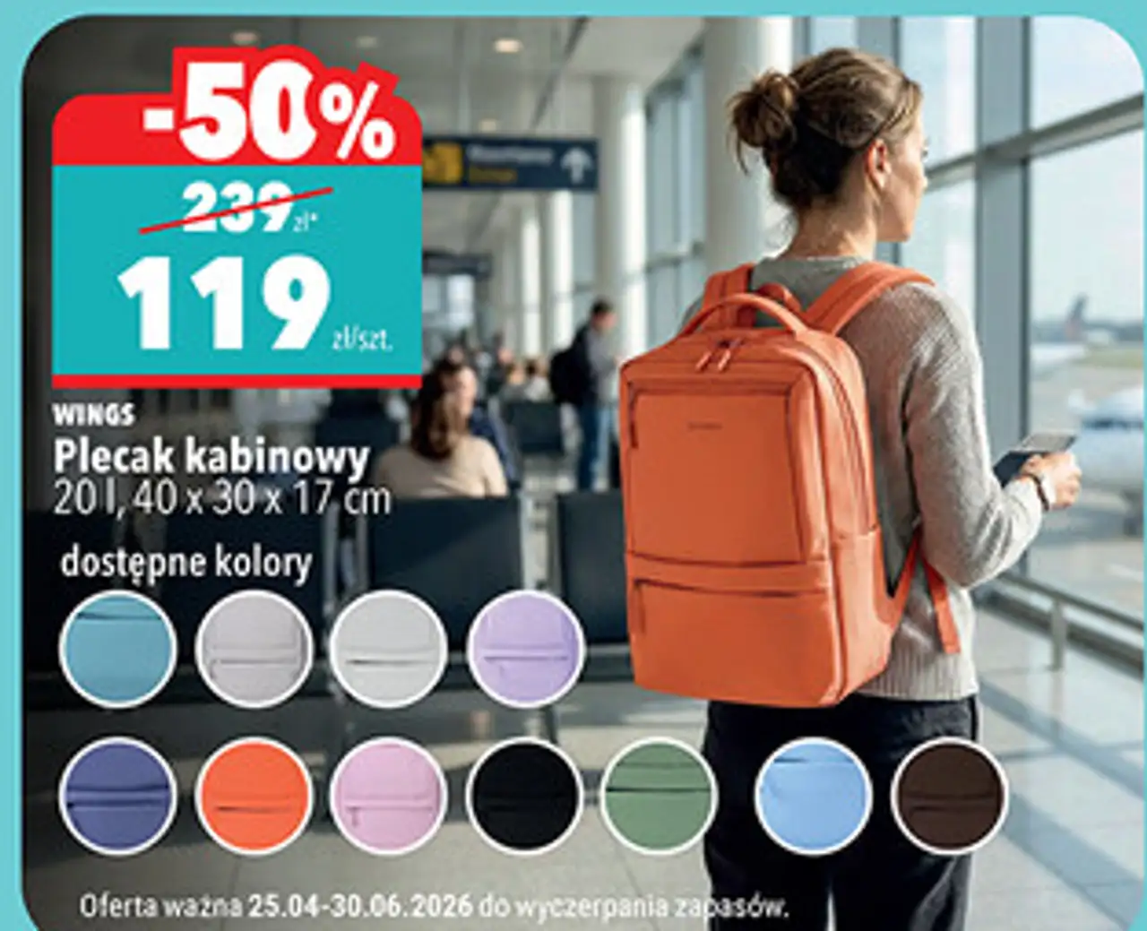 WINGS Plecak kabinowy 20 l, 40 x 30 x 17 cm