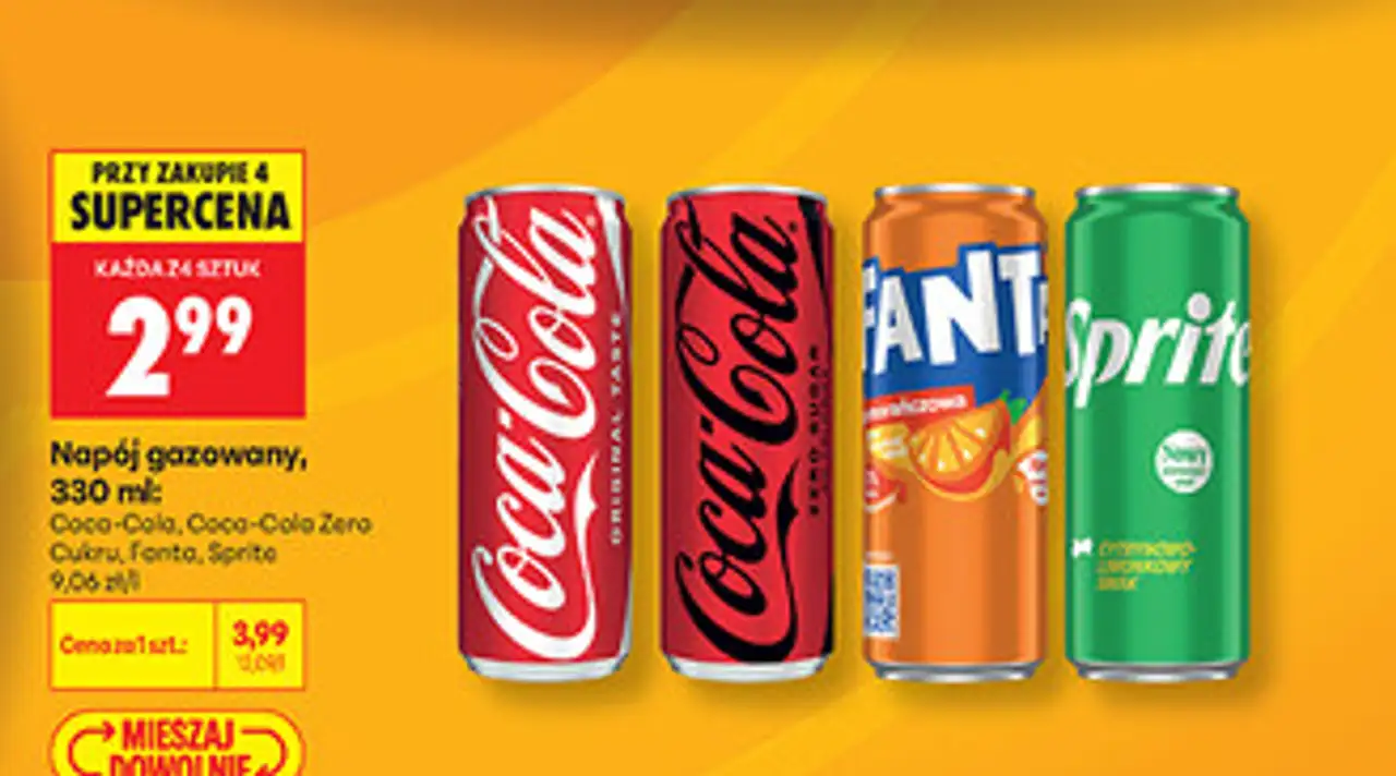 Napój gazowany, 330 ml: Coca-Cola, Coca-Cola Zero Cukru, Fanta, Sprite