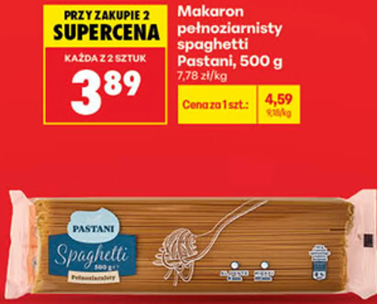 Makaron pełnoziarnisty spaghetti Pastani, 500 g