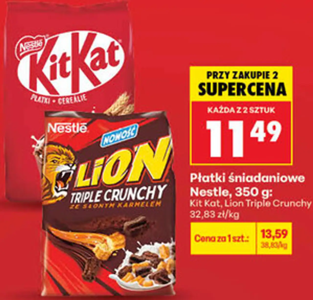 Płatki śniadaniowe Nestle, 350 g: Kit Kat, Lion Triple Crunchy