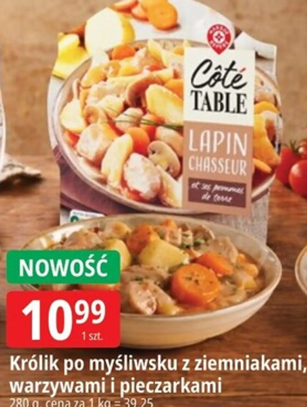 Królik po myśliwsku z ziemniakami, warzywami i pieczarkami