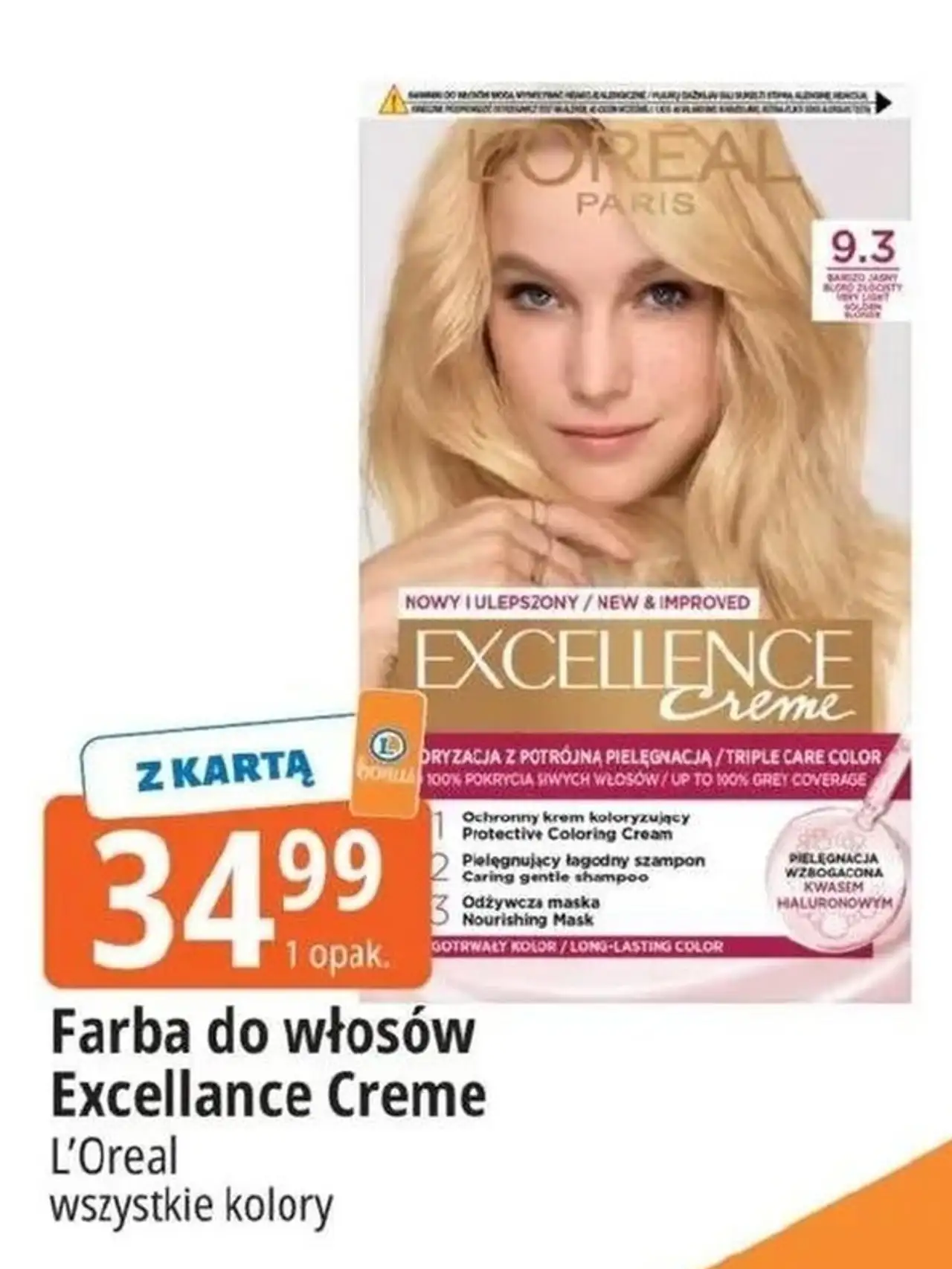 Farba do włosów bardzo jasny blond złocisty 9.3 L'oreal Excellence Creme