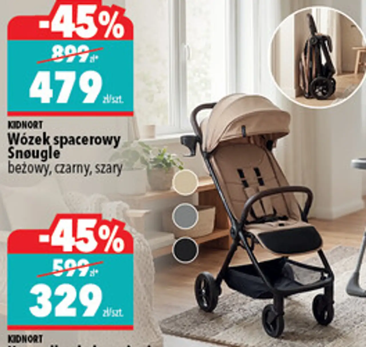 Wózek spacerowy Snougle beżowy, czarny, szary KIDNORT