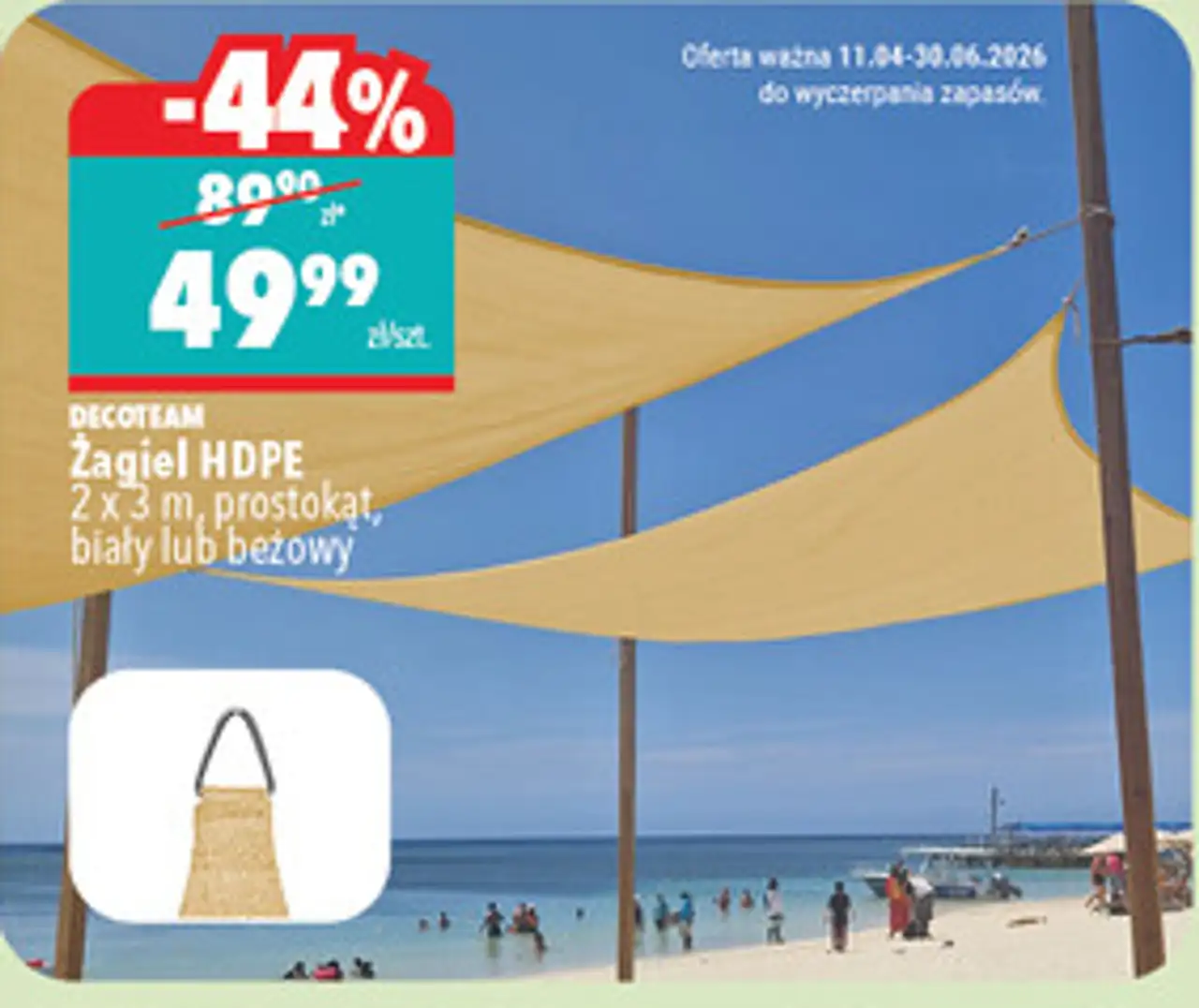 DECOTEAM Żagiel HDPE 2 x 3 m, prostokąt, biały lub beżowy