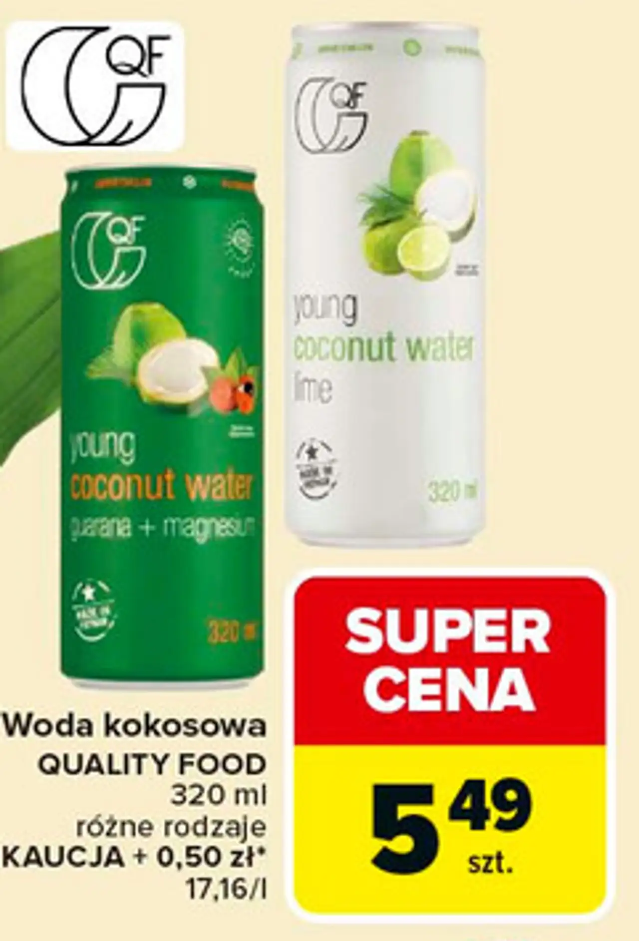 Woda kokosowa QUALITY FOOD 320 ml różne rodzaje KAUCJA + 0,50 zł* 17,16/l