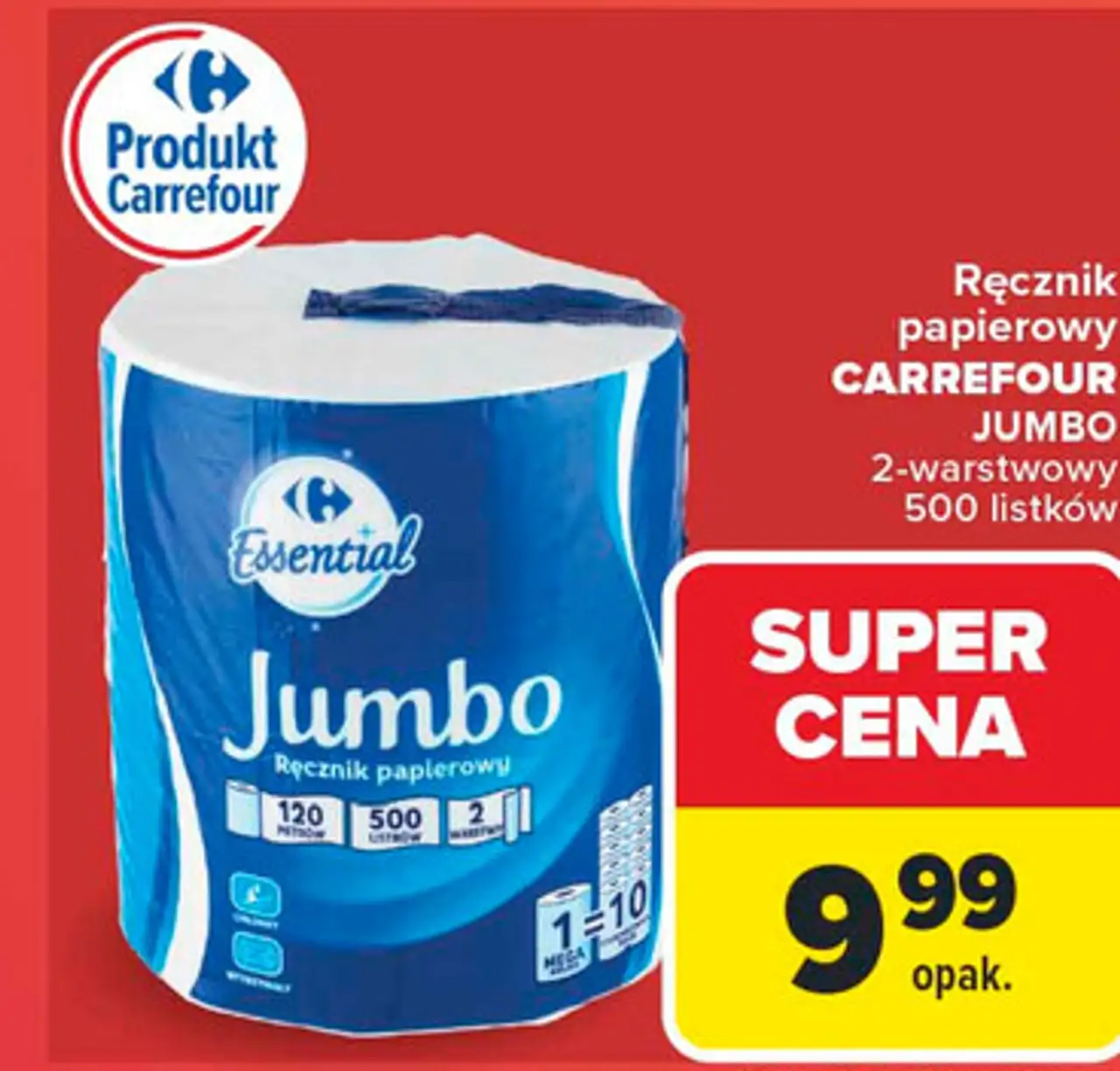 Ręcznik papierowy CARREFOUR JUMBO 2-warstwowy 500 listków