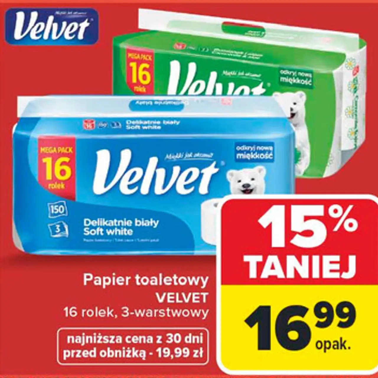 Papier toaletowy VELVET 16 rolek, 3-warstwowy