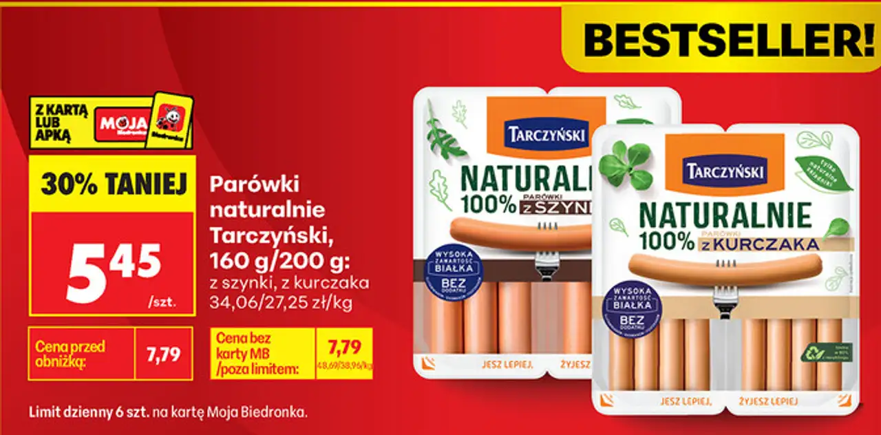 Parówki naturalnie Tarczyński, 160 g/200 g: z szynki, z kurczaka