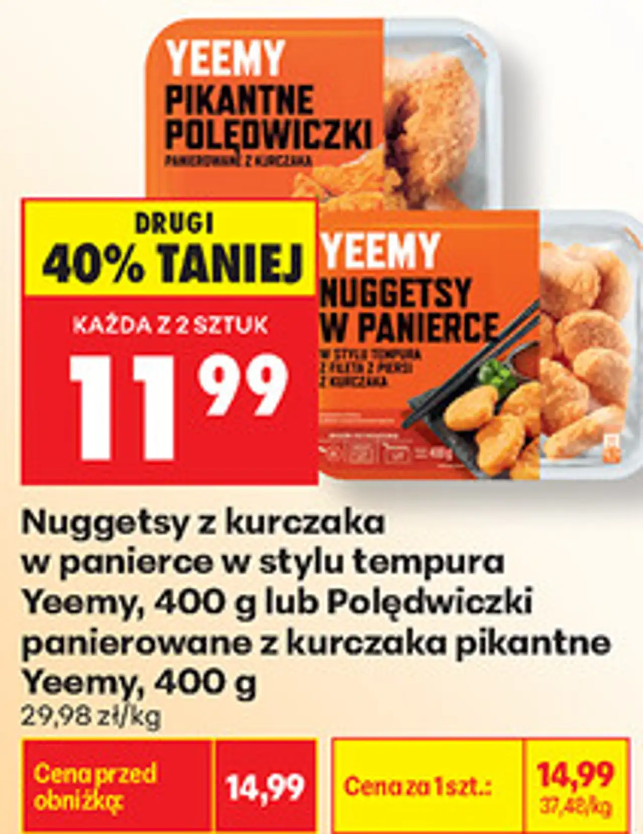 Nuggetsy z kurczaka w panierce w stylu tempura Yeemy, 400 g lub Polędwiczki panierowane z kurczaka pikantne Yeemy, 400 g