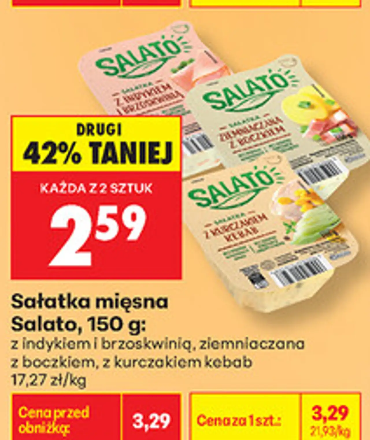 Sałatka mięsna Salato, 150 g: z indykiem i brzoskwinią, ziemniaczana z boczkiem, z kurczakiem kebab