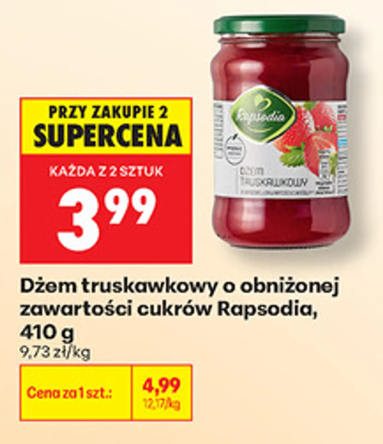 Dżem truskawkowy o obniżonej zawartości cukrów Rapsodia, 410 g