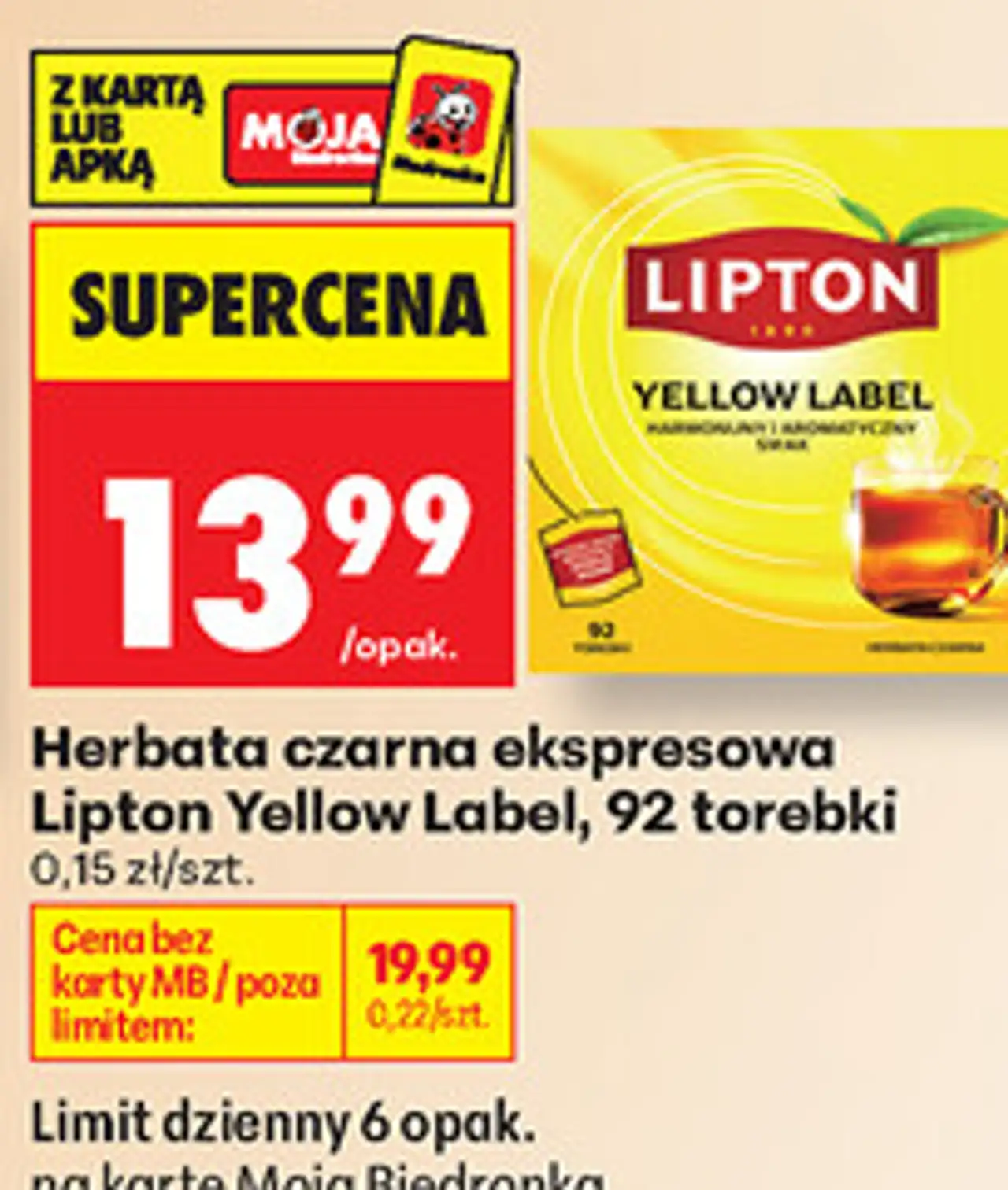 Herbata czarna ekspresowa Lipton Yellow Label, 92 torebki