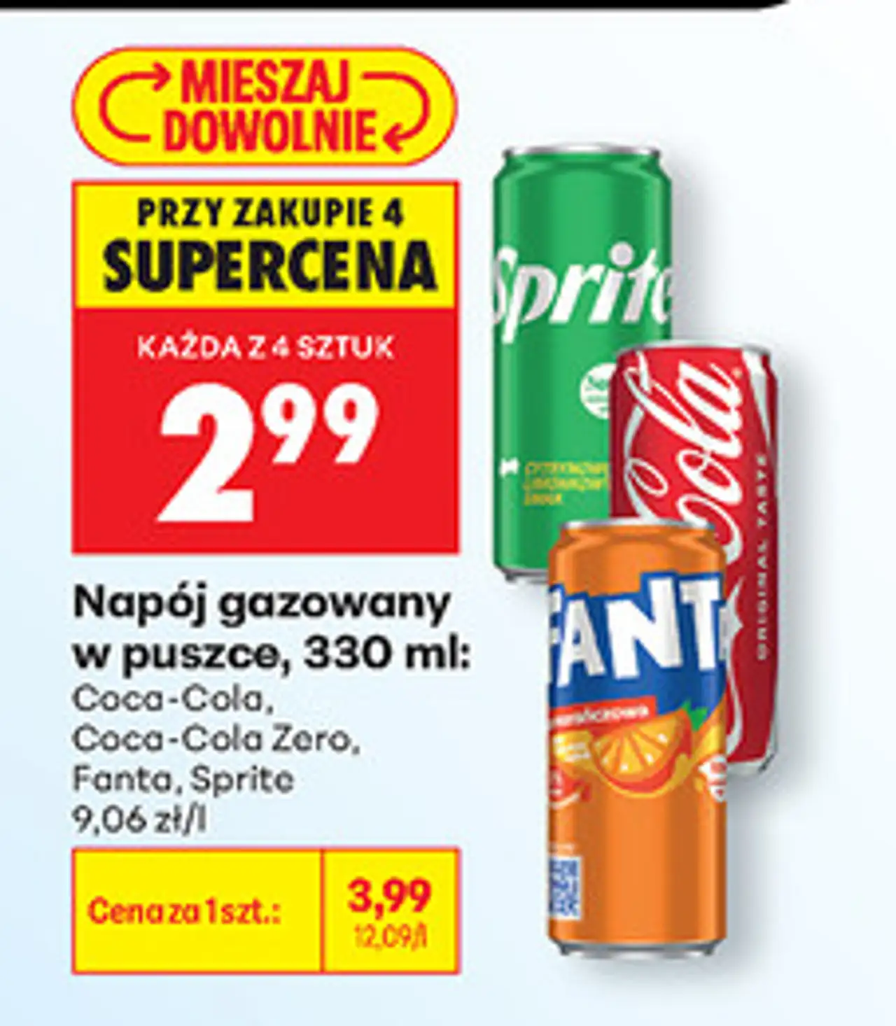 Napój gazowany w puszce, 330 ml: Coca-Cola, Coca-Cola Zero, Fanta, Sprite