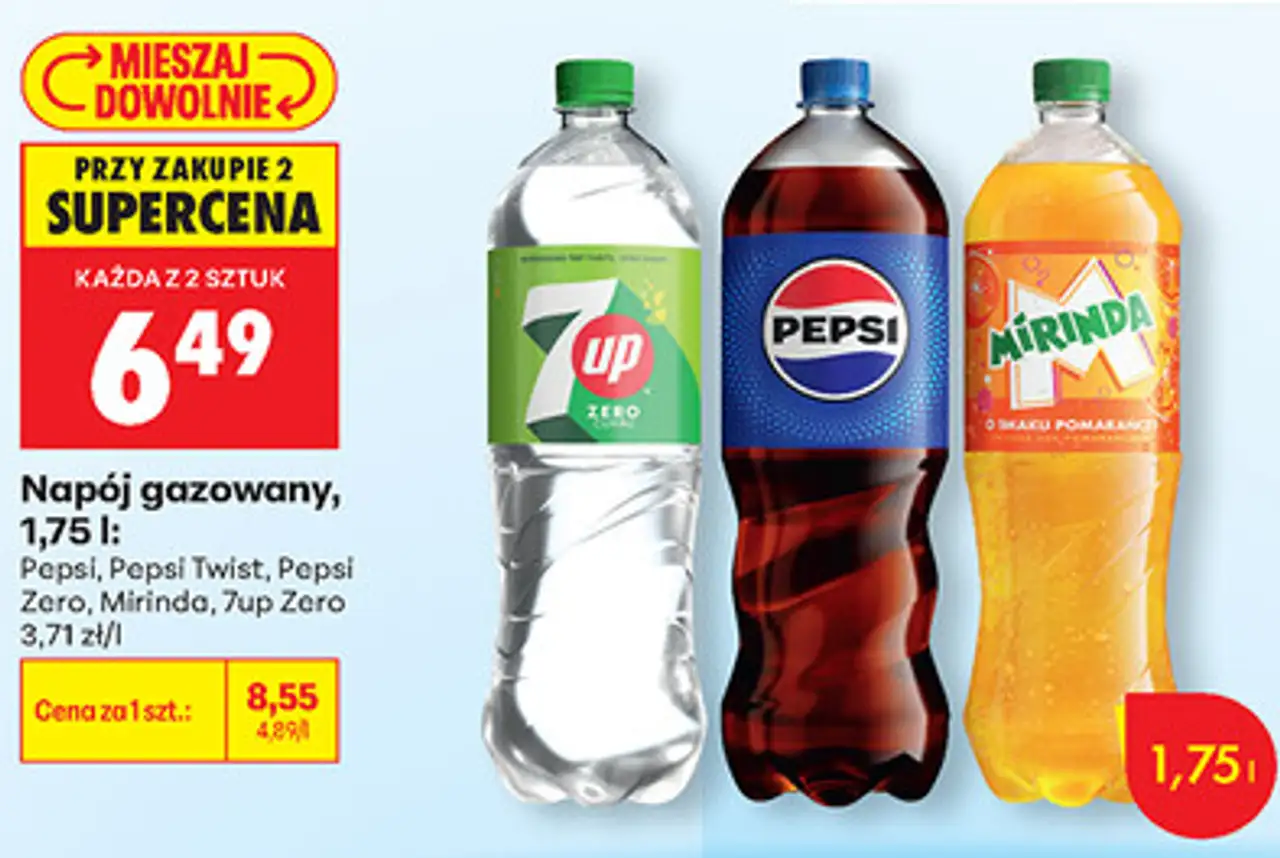 Napój gazowany, 1,75 l: Pepsi, Pepsi Twist, Pepsi Zero, Mirinda, 7up Zero