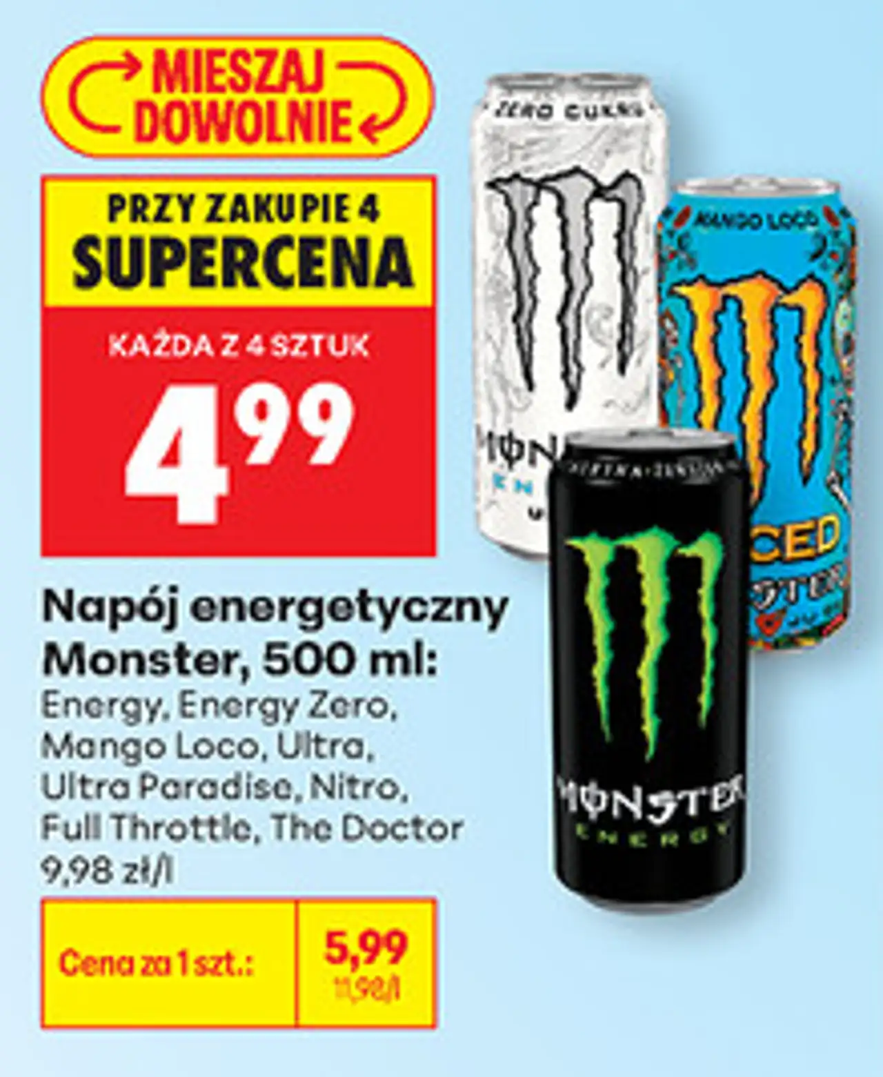Napój energetyczny Monster, 500 ml: Energy, Energy Zero, Mango Loco, Ultra, Ultra Paradise, Nitro, Full Throttle, The Doctor