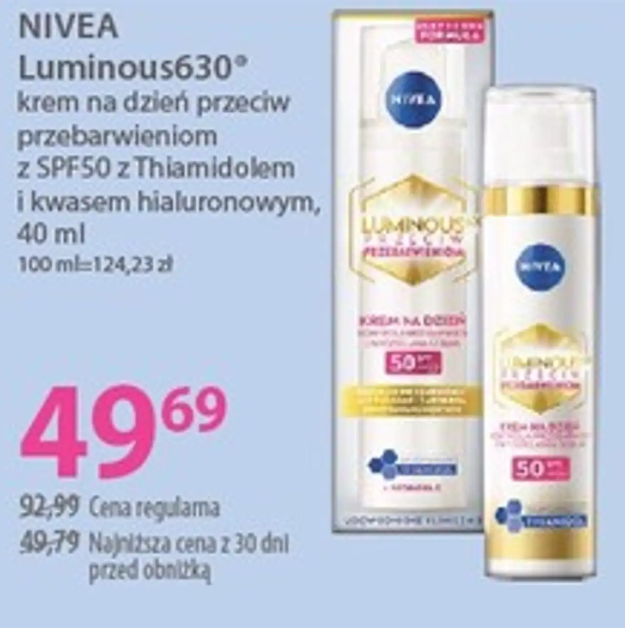 NIVEA Luminous630° krem na dzień przeciw przebarwieniom z SPF50 z Thiamidolem i kwasem hialuronowym, 40 ml