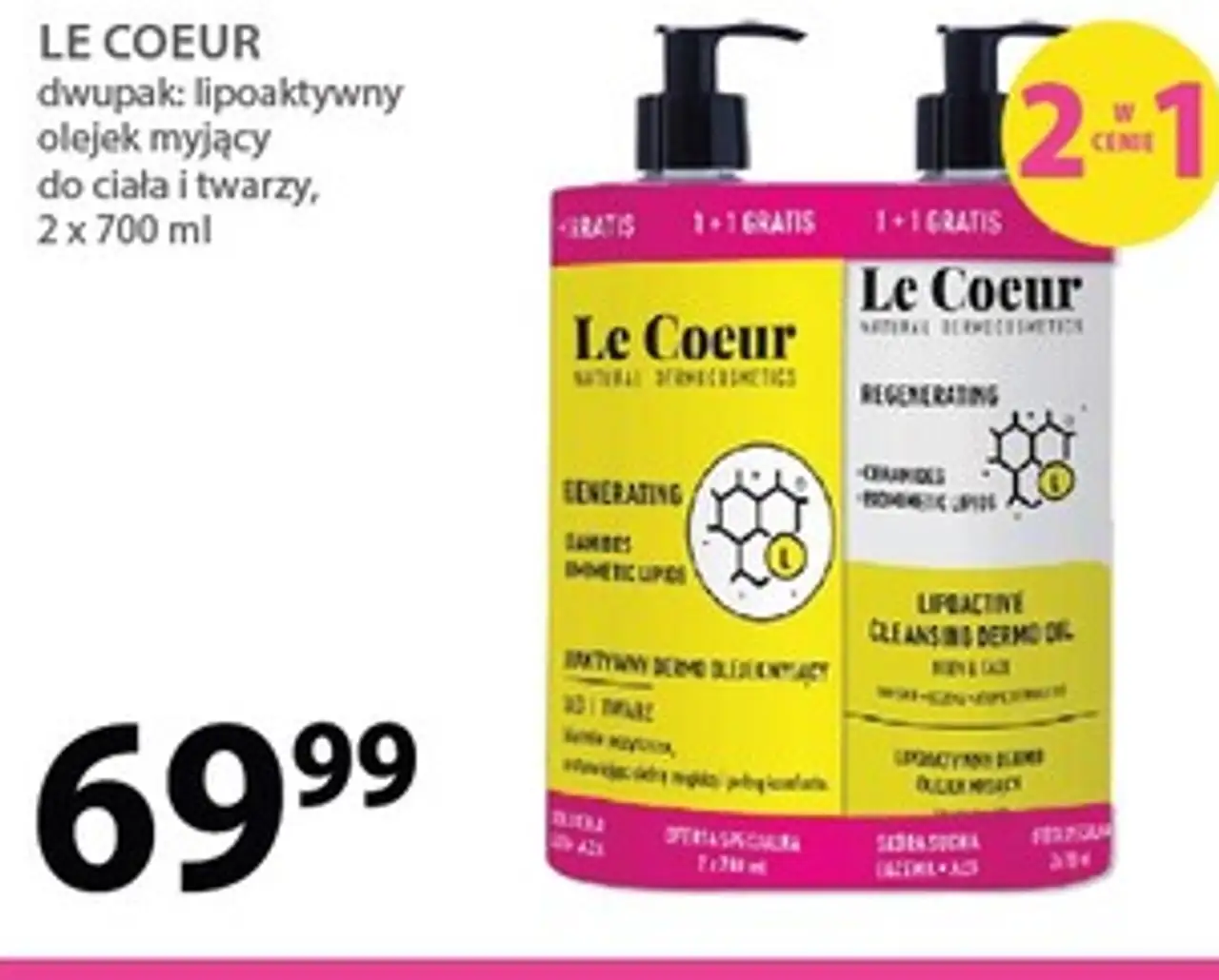 LE COEUR dwupak: lipoaktywny olejek myjący do ciała i twarzy, 2 x 700 ml
