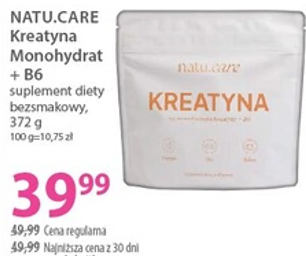 NATU.CARE Kreatyna Monohydrat + B6 suplement diety bezsmakowy, 372 g