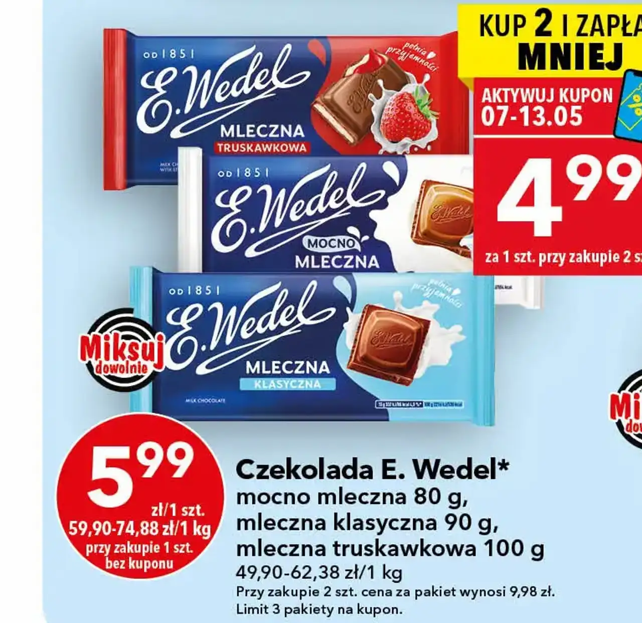 Czekolada E. Wedel* mocno mleczna 80 g, mleczna klasyczna 90 g, mleczna truskawkowa 100 g
