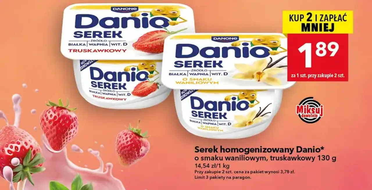 Serek homogenizowany Danio* o smaku waniliowym, truskawkowy 130 g