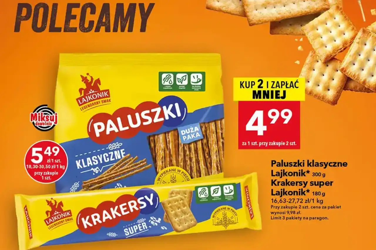 Paluszki klasyczne Lajkonik 300 g Krakersy super Lajkonik 180 g