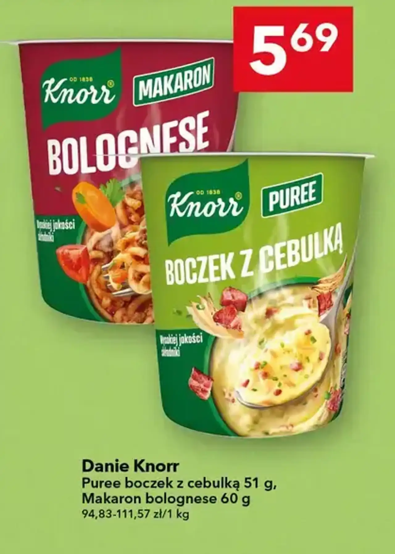 Danie Knorr Puree boczek z cebulką 51 g, Makaron bolognese 60 g