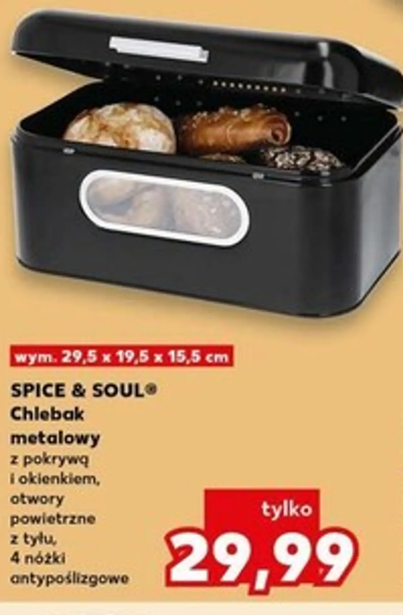 Chlebak metalowy z pokrywą i okienkiem, otwory powietrzne z tyłu, 4 nóżki antypoślizgowe