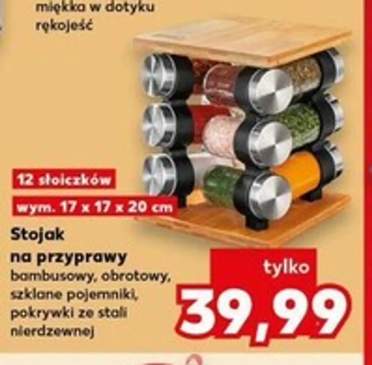 Stojak na przyprawy bambusowy, obrotowy, szklane pojemniki, pokrywki ze stali nierdzewnej