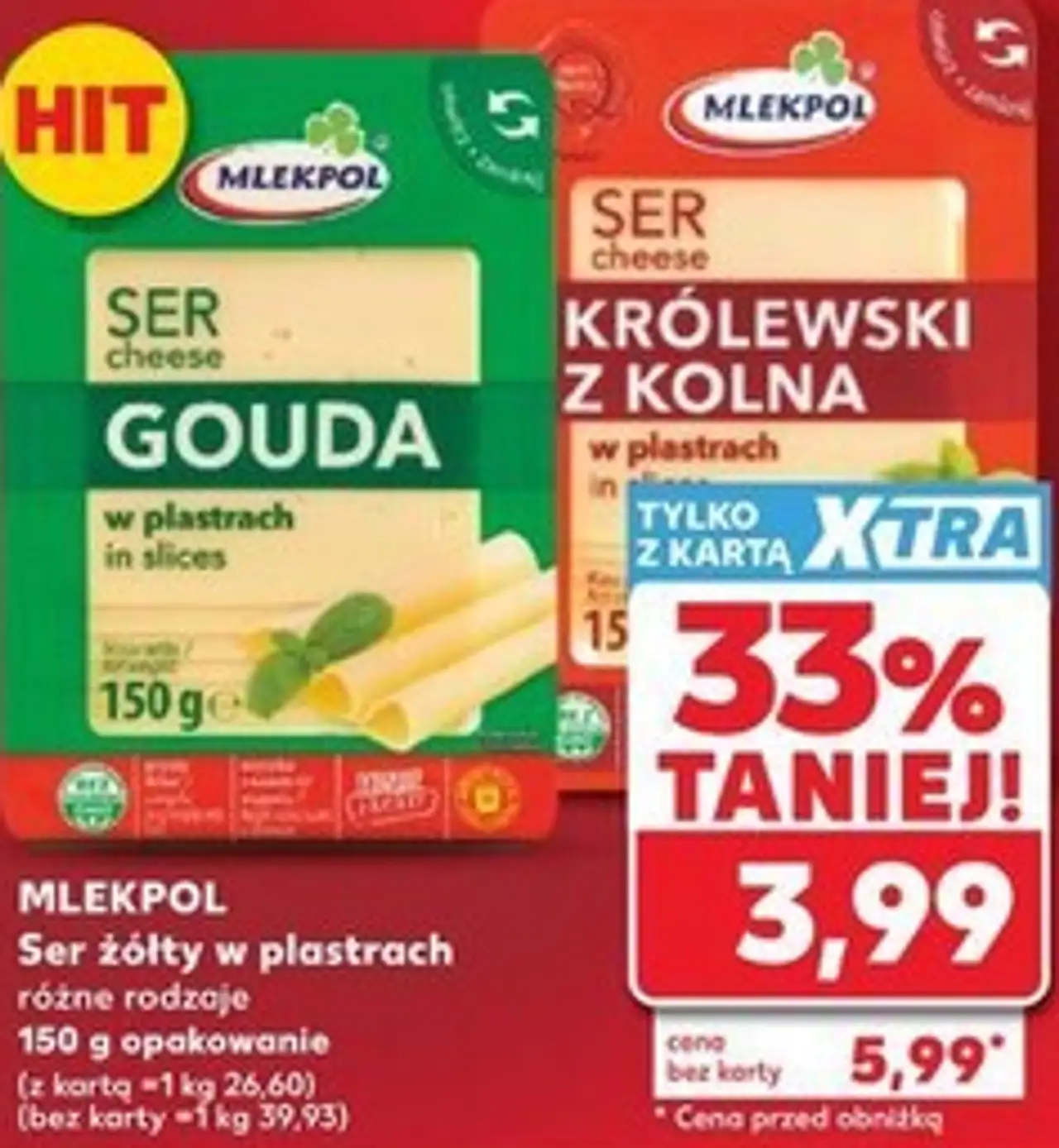 MLEKPOL Ser żółty w plastrach różne rodzaje 150 g opakowanie