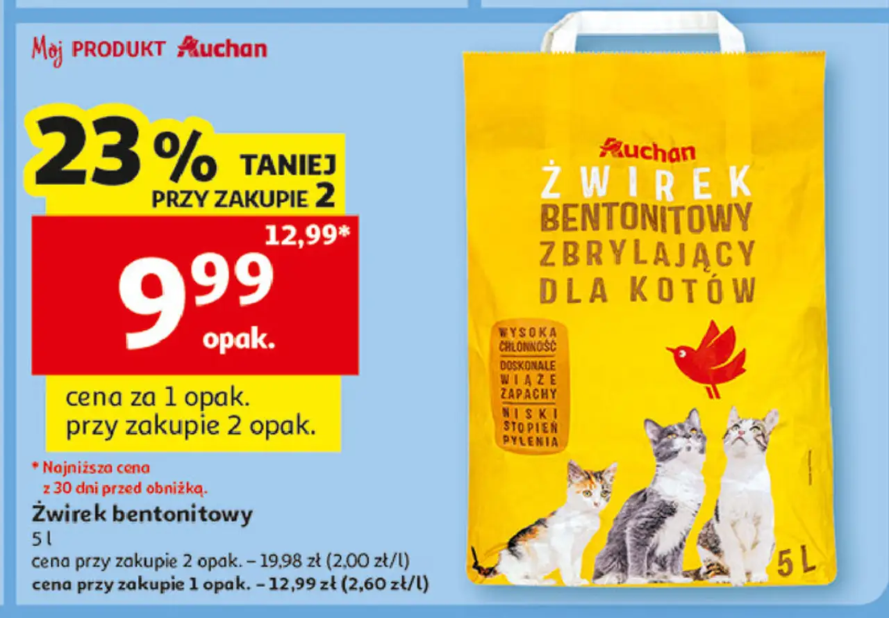 Żwirek bentonitowy dla kotów Auchan Różnorodne (Logo Czerwone)