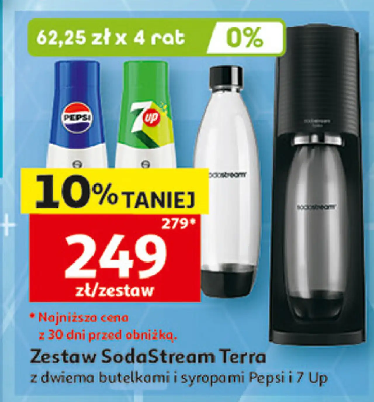 Zestaw: urządzenie terra black + 2x butelki 1l 1 cylinder syrop pepsi 7up Sodastream