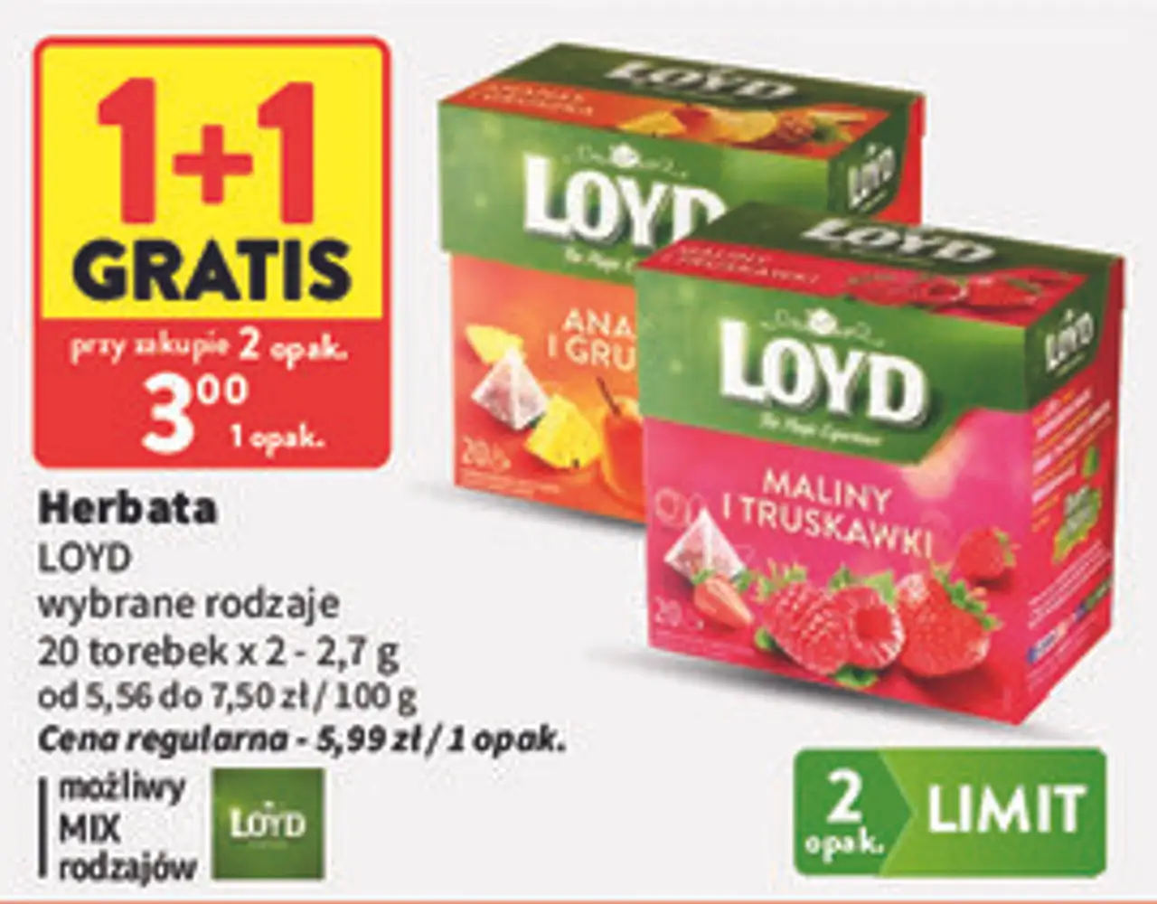 Herbata LOYD wybrane rodzaje 20 torebek x 2 - 2,7 g